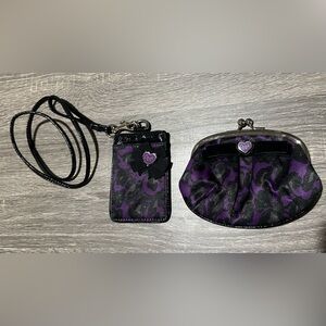 Coach Black and Purple Ocelot ID Lanyard and Coin Purse Duo set